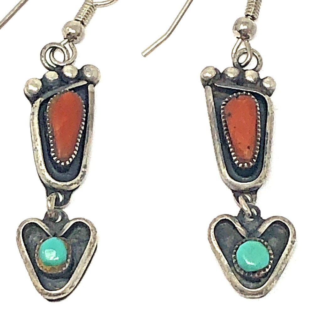 VTG Navajo Earrings Feet Hang Ten Turquoise Surf Beach Sterling 60s Hook Dangle